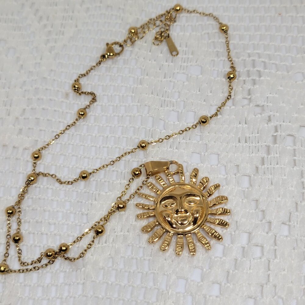 Sun Face Pendant Necklace Beaded Chain Stainless Steel 20 Inch 2 Inch Adj NEW - Picture 6 of 12